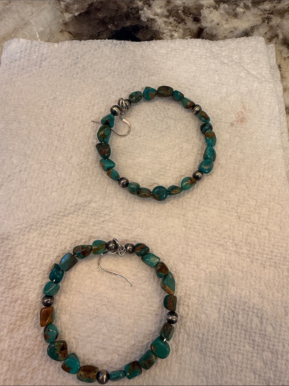 Turquoise Beaded Hoop Earrings - Blue-Green Stone with Silver Accents